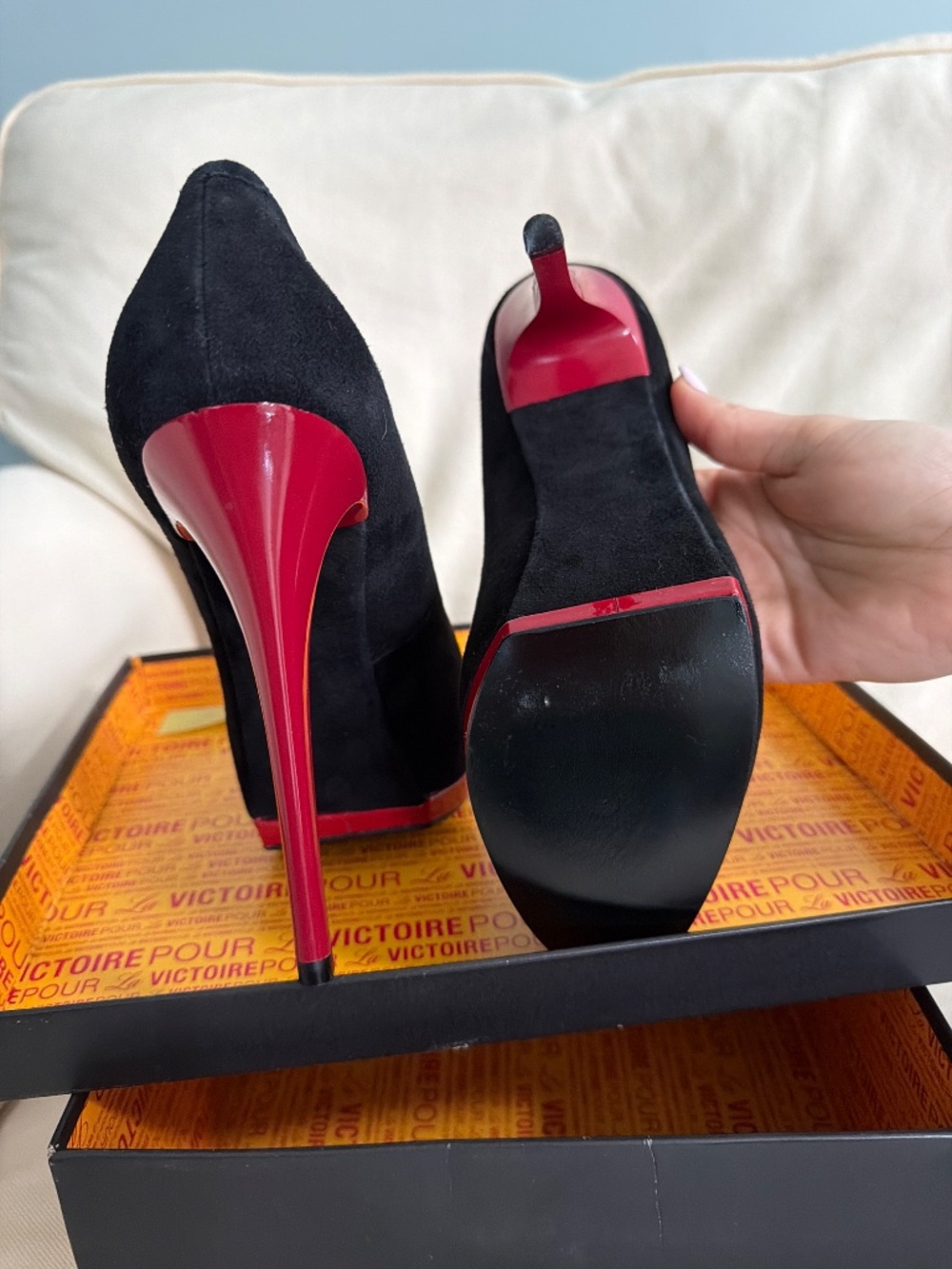 Pour LaVictoire Black Suede Heels with Red Soles - Picture 2 of 3